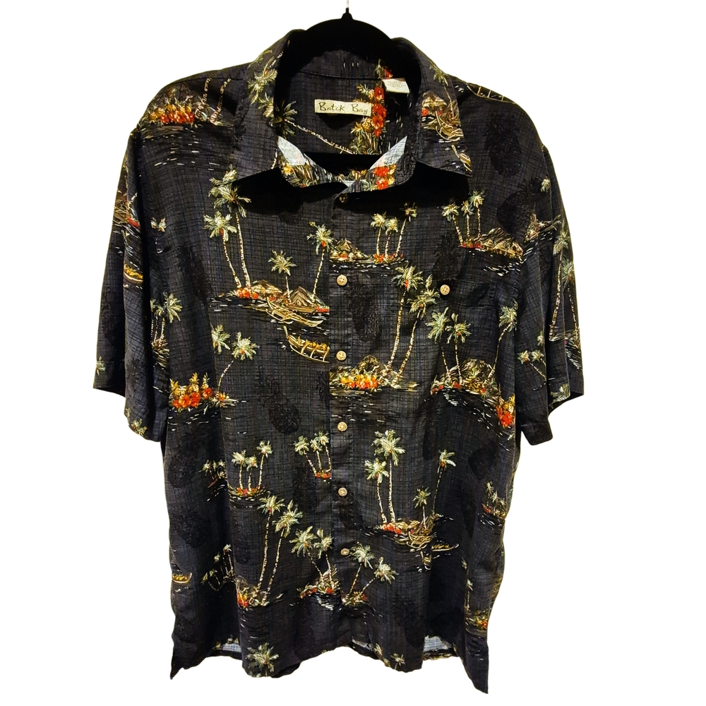 Back Bay Hawaiian Shirt Mens Large Black Island Print Rayon Aloha Button Up